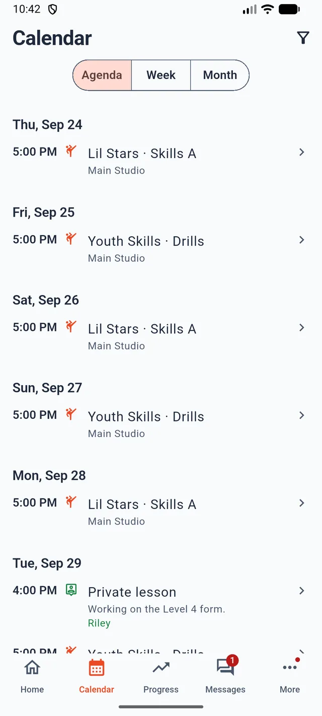 The parent app calendar in agenda view, listing classes across several days alongside a booked private lesson labelled with the child's name