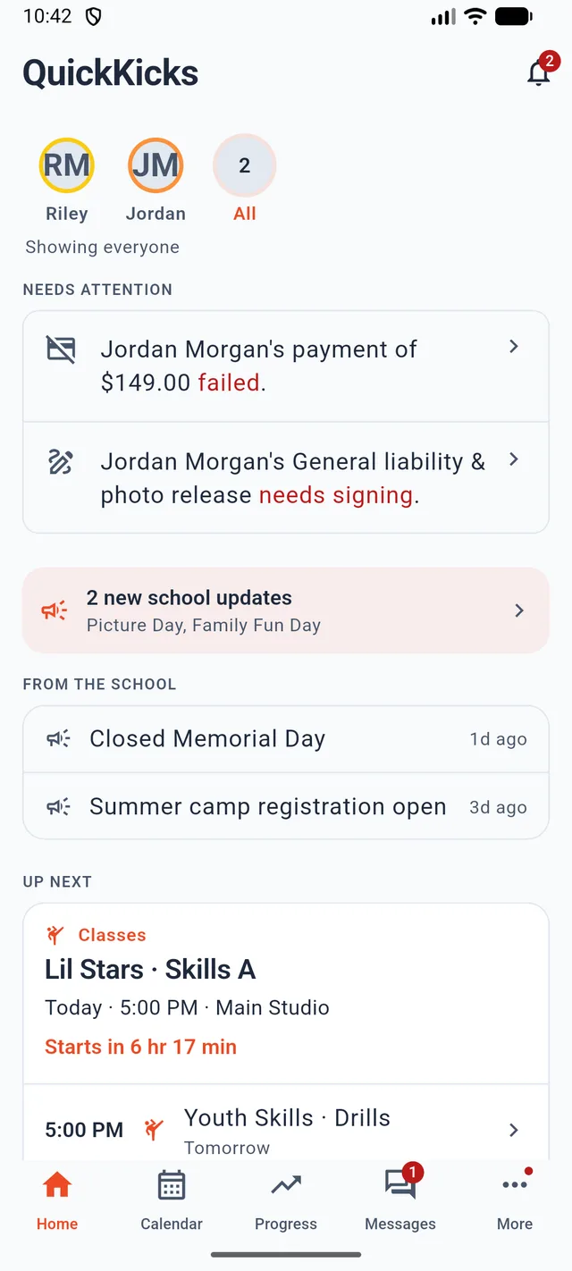 The QuickKicks parent app home screen, showing a family member switcher, a failed payment and an unsigned waiver under Needs attention, two school announcements, and the next class