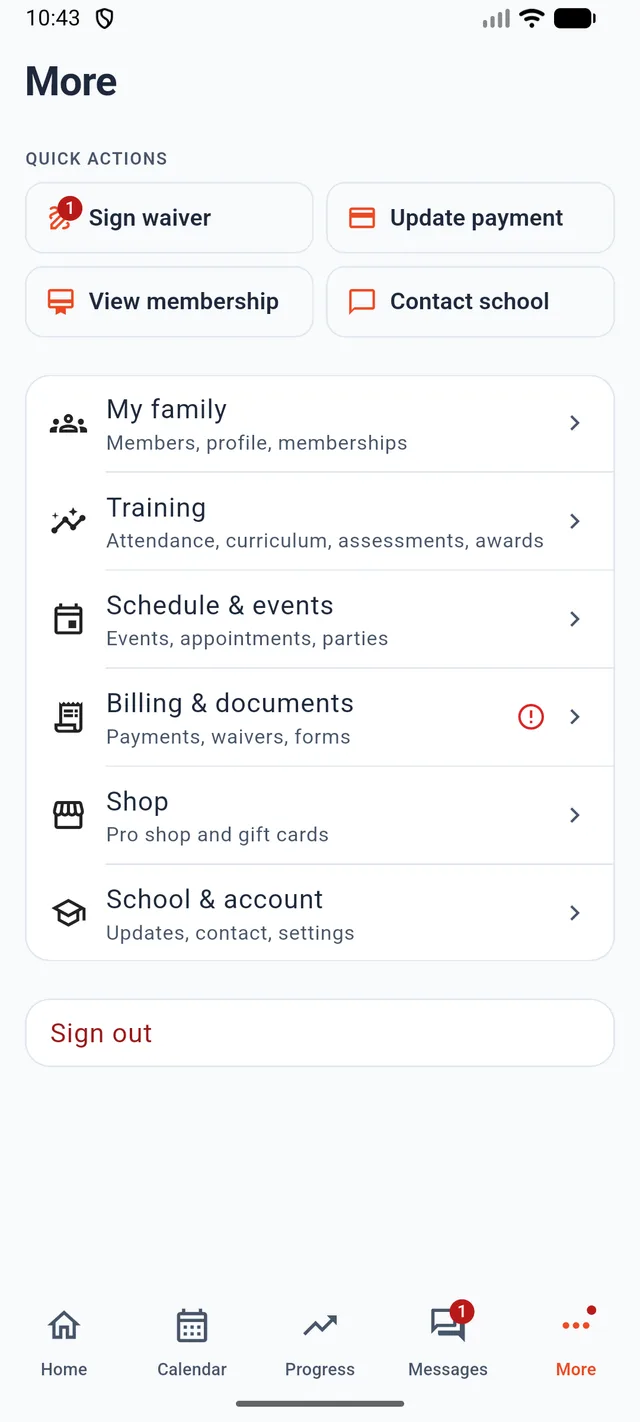 The More tab with quick actions for signing a waiver and updating payment, and sections for family, training, schedule, billing, shop and account